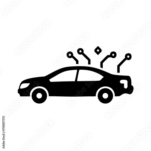 Illustration of a black car with electronic connections above it symbolizing autonomous technology integration
