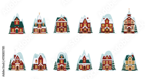 Holiday village christmas town winter scene with snowy houses and trees festive decoration design