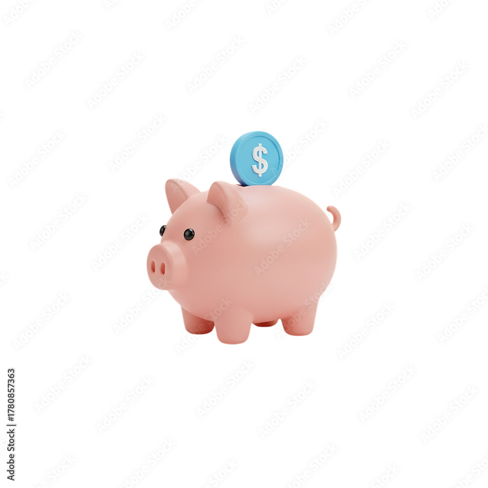 Obraz premium Pink 3D rendered piggy bank with a blue coin with a dollar sign on a background money box isolated on a transparent background