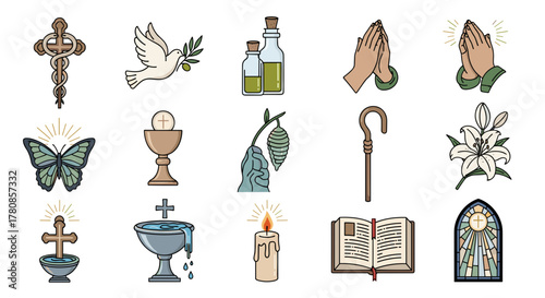 Christian symbols illustration set with cross dove chalice butterfly and more religious icons vector design