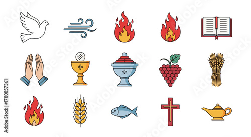 Christian symbols vector illustration depicting faith, religion, and spirituality with holy elements of worship