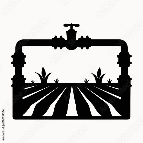 Silhouette of a pipe system with a valve over a field with plants in a black and white design
