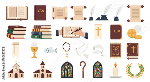 Christianity symbols vector illustration religious faith elements holy icons and church objects drawing