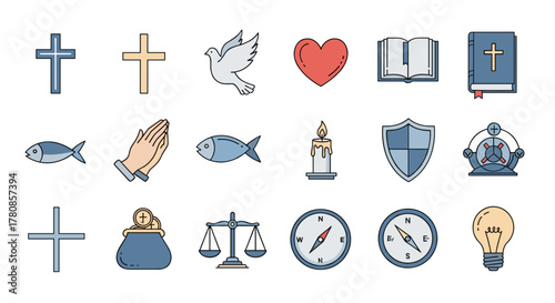 Christian symbols vector illustration set with cross, dove, heart, bible, fish, and more faith icons