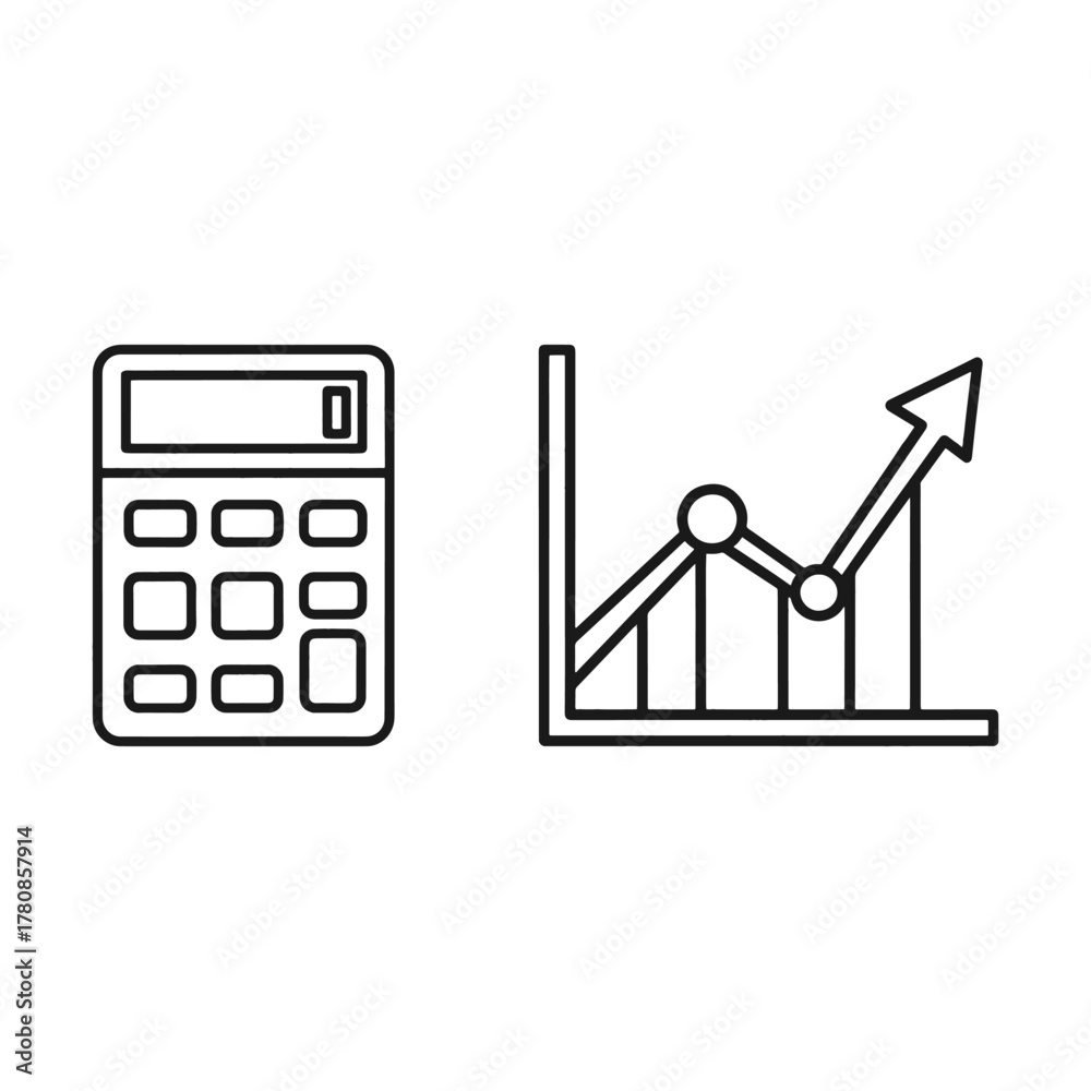 Fototapeta premium Black line art calculator and upward trending graph on white background chart finance