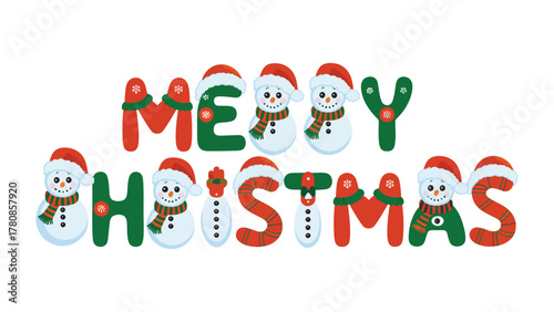 Festive Cheer: A cheerful Merry Christmas message artfully crafted with vibrant letters and whimsical snowman characters, evoking joy and holiday spirit.