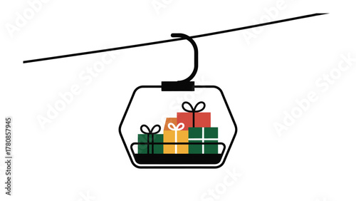 Gift-Filled Cable Car Ride: A charming cable car transports a colorful array of wrapped gifts, evoking a sense of anticipation and the spirit of giving.