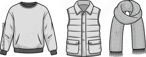 Sweatshirt, padded vest, knitted scarf, winter clothing sketch, fashion flats, garment design, cad drawing flat vector 