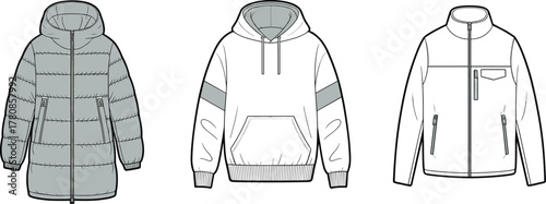 Technical drawing of outerwear, padded jacket, hoodie, zip-up fleece, fashion flats, garment design, apparel sketch, winter, casual, activewear