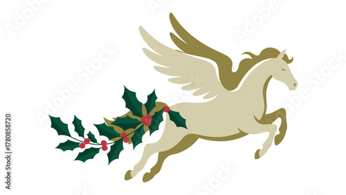 Celestial Wonder: A mythical Pegasus soars gracefully, its form adorned with seasonal foliage, symbolizing the ethereal beauty and joy of the festive season.