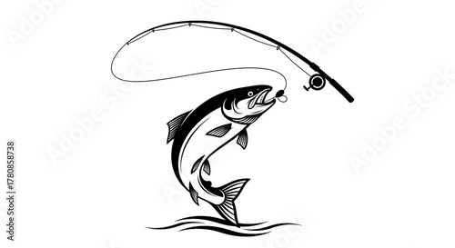 Hand drawn sketch of a jumping trout being caught by a fishing rod isolated on white background