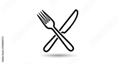 Simple line drawing of a fork and knife crossed together isolated on white background