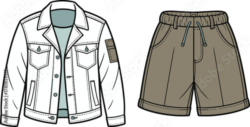 White denim jacket, olive green shorts, casual outfit, fashion sketch, garment design, apparel flats, cad drawing flat vector illustration