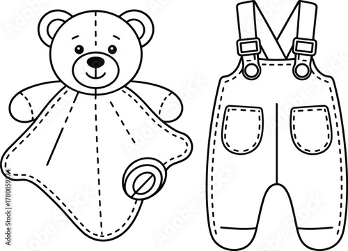 Teddy bear comforter, baby overalls sketch, black and white outline, children clothing template, vector drawing, fashion design, white background