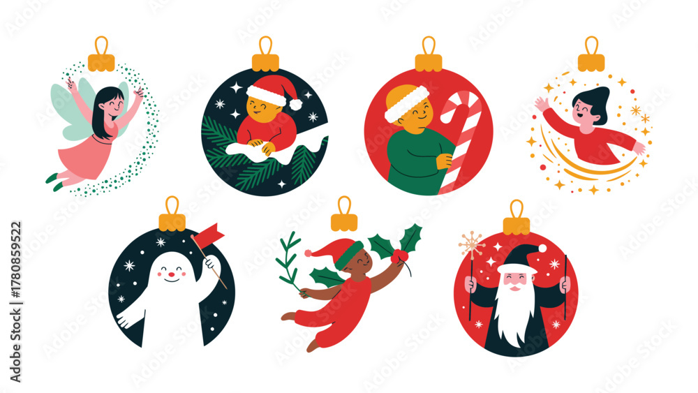 Fototapeta premium Holiday Ornament Decorations: A collection of delightful ornaments, each a unique festive scene, depicting holiday characters in cheerful settings, perfect for spreading holiday cheer.