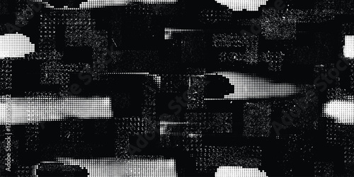 Glitch distorted grungy abstract forms . Halftone dots seamless pattern texture. Grange shapes .Grunge textured . Vector shapes with half tone dots .Screen print endless pattern texture