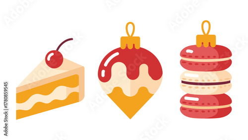 Festive Feast Illustration: A charming illustration depicts holiday treats, including a slice of cake, a decorative bauble, and a stack of macarons, all perfect for the season's joyful celebrations.