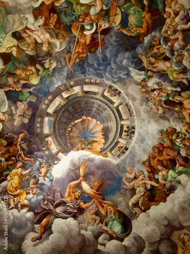 Bild auf Leinwand Renaissance Fresco Ceiling with Mythological Gods, Dramatic Perspective, and Stu