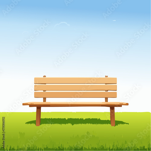 A small, wooden bench sits empty on a perfectly manicured green lawn facing a calm, endless blue sky.