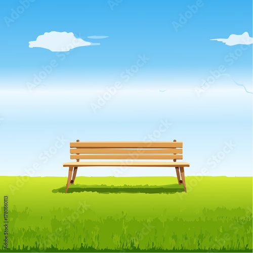 A small, wooden bench sits empty on a perfectly manicured green lawn facing a calm, endless blue sky.