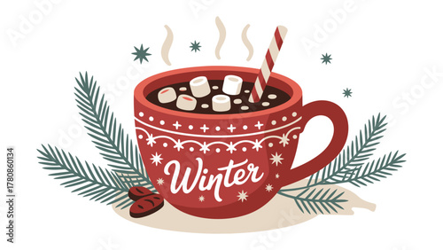 Warm Winter Comfort: A steaming mug of rich hot cocoa, adorned with fluffy marshmallows and a sweet candy cane, radiates warmth and comfort, embraced by festive holiday elements.