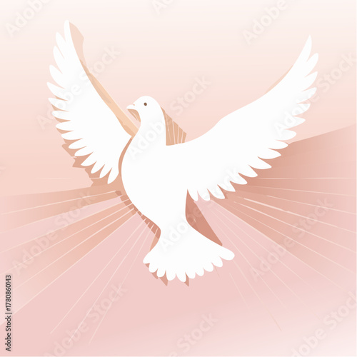 A minimalist white dove silhouette flying across a pale pink background surrounded by faint golden rays.