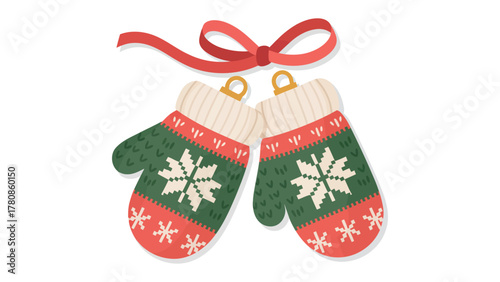 Cozy Christmas Mittens: Festive, knitted mittens adorned with snowflake designs and a charming red ribbon, a cozy symbol of winter warmth and holiday cheer.