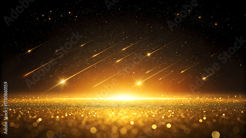 background of abstract black and gold glitter lights with fireworks. defocused