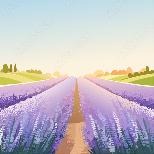 A meadow of blooming lavender flowers stretching into the horizon, surrounded by warm morning sunlight.