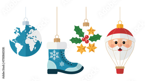 Festive Ornaments Collection: A delightful collection of holiday ornaments, including a globe, a winter boot, a holly berry star, and Santa Claus hot air balloon, evoking the spirit of the season.