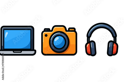 Colorful digital icons representing technology, photography, and audio equipment