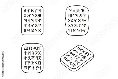 Ancient runic inscriptions on stone tablets featuring various symbols and designs from a historical period