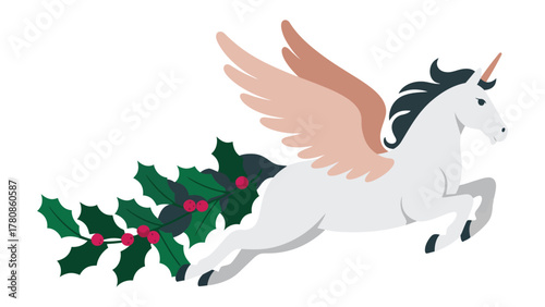 Celestial Festive Pegasus: A whimsical illustration of a winged unicorn, soaring through a winter wonderland with a garland of holly, embodying a joyful celebration.