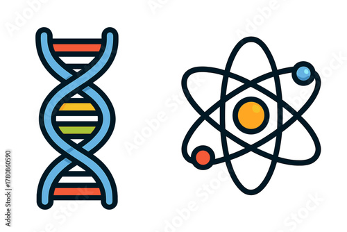 Representation of DNA structure and atomic model showcasing concepts of biology and chemistry in a simple design