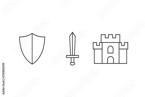 Symbols of medieval warfare featuring a shield, sword, and castle in a simple outline design