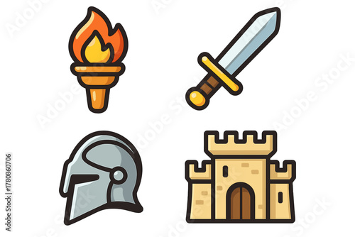 Various medieval icons featuring a torch, sword, helmet, and castle represented in a simple design style