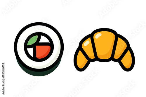 Colorful sushi and croissant illustrations showing diverse culinary art in a minimalist style