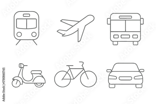 Different types of transportation including train, airplane, bus, scooter, bicycle, and car displayed in a simple outline style