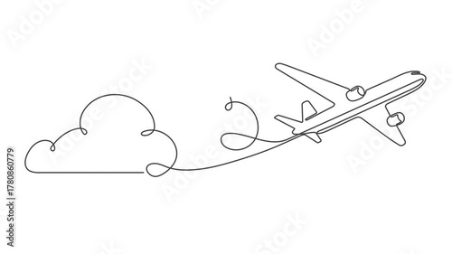 An airplane flying in the clouds. Around the world trip .Continuous line drawing. 