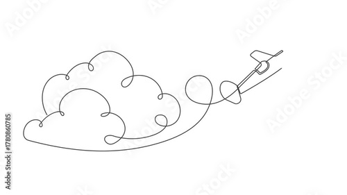 An airplane flying in the clouds. Around the world trip .Continuous line drawing. 