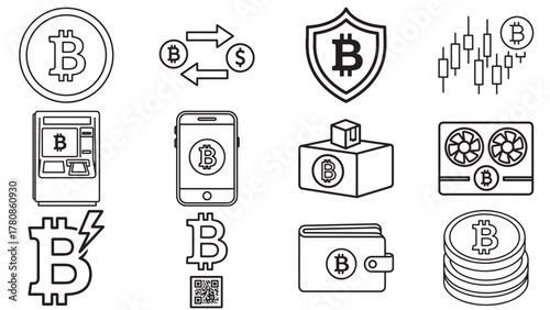 Bitcoin symbol variations in black _ cryptocurrency payment, mining and ledger icons for fintech dashboards