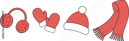 Winter accessories cartoon set, red earmuffs, mittens, hat, scarf illustration, seasonal clothing vector, warm outfit design, cute style