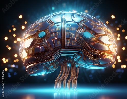 futuristic brain with glowing chips artificial intelligence and technology concept in 3d