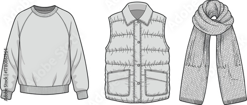 Winter clothing sketch set, sweatshirt, vest, scarf illustration, fashion design, grayscale style, cad drawing flat vector illustration