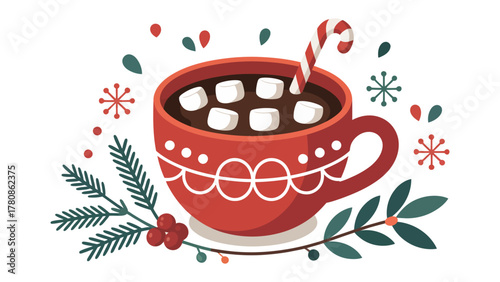 Festive Cocoa Bliss: A cheerful illustration of a steaming mug of cocoa, adorned with marshmallows and a candy cane, evoking warmth and the essence of the holiday season.