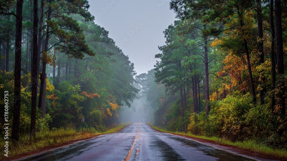 Obraz premium Texas Pine. Early Morning Drive Through Pine Forest in East Texas