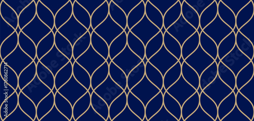 Elegant vector seamless pattern in Islamic style. Golden delicate mesh, grid, lattice, curved lines. Abstract geometric ornament. Dark blue and gold background texture. Luxury modern repeated design