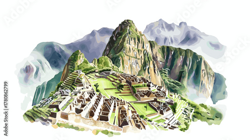 Machu Picchu. Machu Picchu hand drawn watercolor illustration