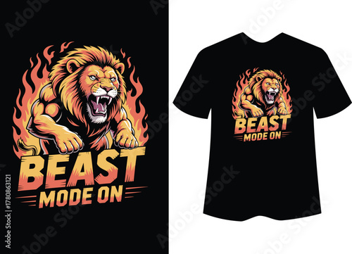 Roaring lion with flames and text beast mode on vector