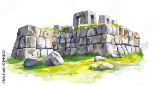 Sacsayhuaman Fortress. Sacsayhuaman Fortress hand drawn watercolor illustration